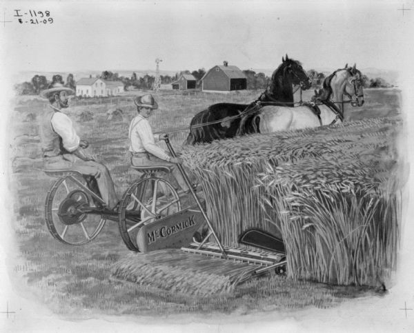 Two men sitting on a horse-drawn mower in a field. One man is driving and the other is raking.