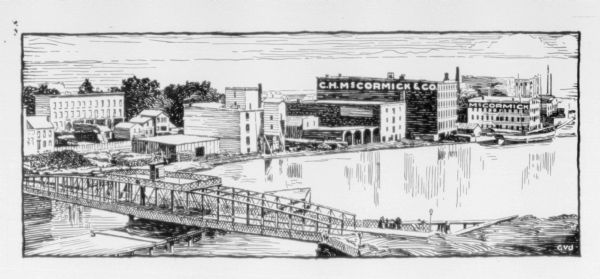 Drawing of an aerial view of the McCormick plant on a river in Chicago, Illinois.