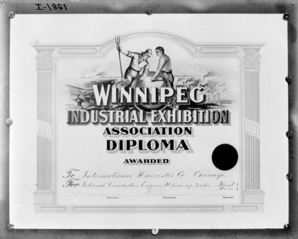 Winnipeg Industrial Exhibition Diploma awarded to International Harvester for Internal Combustion Engines.