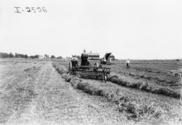Man Using Horse-Drawn Dump Rake | Photograph | Wisconsin Historical Society