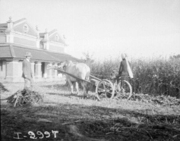 A man is driving an ox-drawn mower. On the left a British man is standing. In the background is a large building.