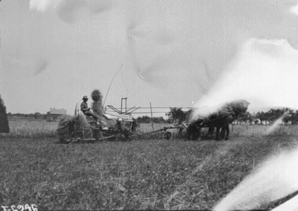 Right side view of a man using a horse-drawn binder in a field. Farm buildings are in the background.