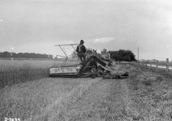 Rear view across harvested section of field towards a man using a horse-drawn Deering binder. On the right are sheaves piled in the field along a fence that runs along a road.