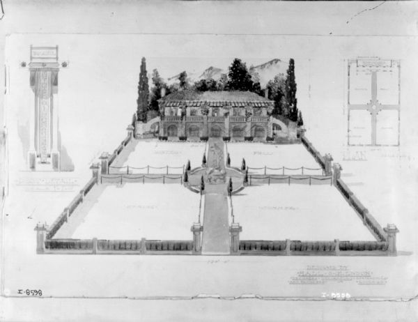 Drawing of elevated view of pavilion by Hall and Glendon. The garden in front is divided into sections called: "Fall, Winter, Summer, Spring."