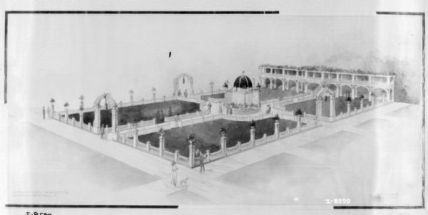 Drawing of elevated view of pavilion by M.A. Singer.
