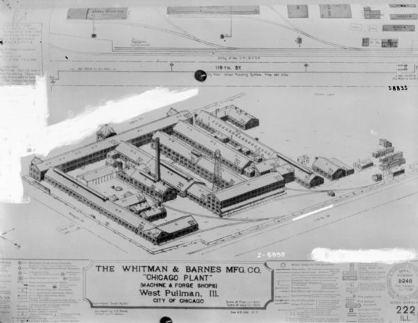 Detailed drawing of an elevated view of the building layout at Whitman & Barnes Mfg. Co. in West Pullman, Chicago, Illinois.