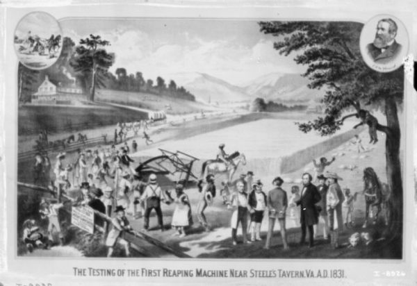 Copy of chromolithograph of the testing of the first reaping machine at Steele's Tavern, W. Virginia." The scene includes racist depictions of enslaved African Americans.