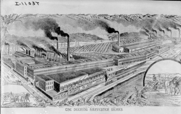 Elevated view of Deering Harvester Works. Includes insets: one in the bottom left corner is of a man using a horse-drawn mower, and the one in the bottom right corner is of a man using a horse-drawn binder.
