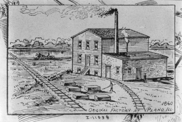 Engraving of original factory at Plano, Illinois.