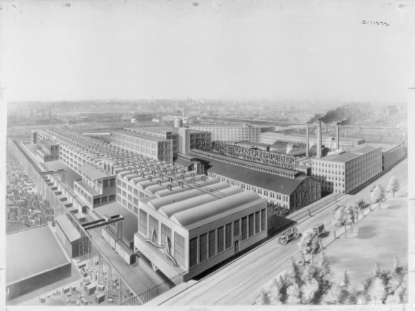 Aerial view of the IH factory. Sign on roof reads: "Engines, Tractors, Cream Separators."