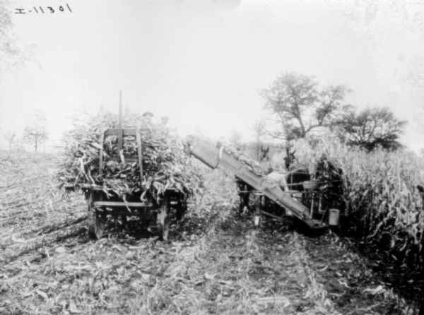 Rear view of a horse-drawn corn picker. Two men are sitting in a wagon on the left.