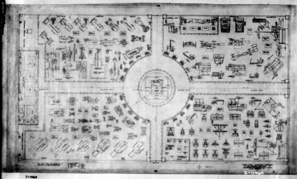 Floor plan layout for the Pan-Pacific Exposition in San Francisco. Includes the placement of various kinds of agricultural machinery.