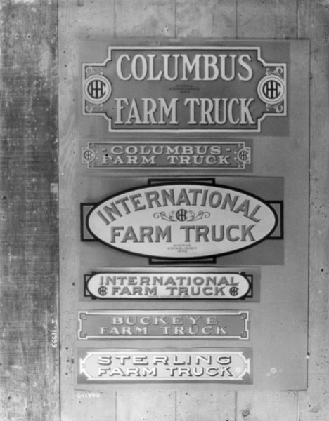 Examples of logos for Columbus Farm Truck, International Farm Truck, Buckeye Farm Truck, and Sterling Farm Truck