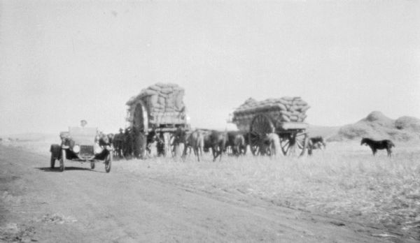 View down roads towards a man driving an automobile. Behind him in a field are two large horse-drawn wagons piled high with sacks of grain. In the background are either hills or large haystacks.