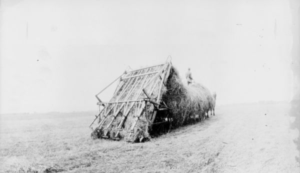 Three-quarter view from right read of a hay loader on the back of a horse-drawn wagon piled high with hay.