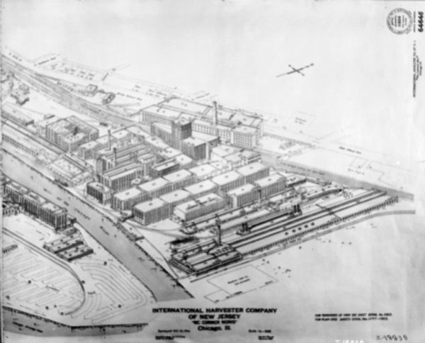 Layout drawing of plant yard, showing 1/2 of yard. Text at bottom reads: "International Harvester Company of New Jersey, 'McCormick Works' Chicago, Ill."