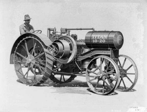 Illustration of a man driving a Titan tractor.