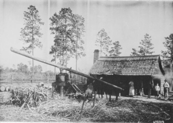 Horse-powered cane mill. There are people standing near a building in the background. A man is working near the mill in the foreground.