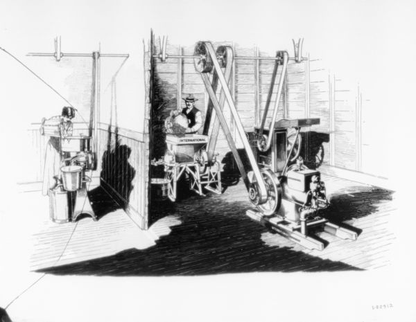Cross section of two adjacent rooms: a woman on the left is pouring milk into a cream separator, and on the right is a man putting corn into a grinder.