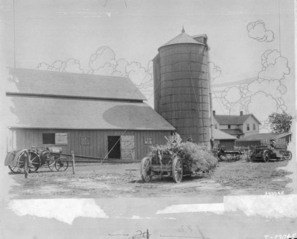 Farm scene, with drawing of clouds in the background. A Titan tractor on the left is belt-driving an ensilage cutter in the center near a silo and barn. In the foreground is a wagon loaded with corn. There is a farmhouse in the background.