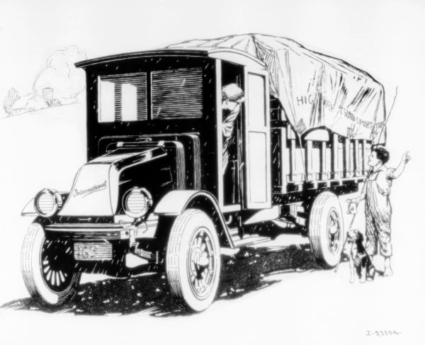 Illustration of a man driving an International truck. The driver is leaning out of the door and talking to a young boy standing and holding a fishing pole. There is a dog sitting at the boy's feet. In the background on the left is a barn and silo.
