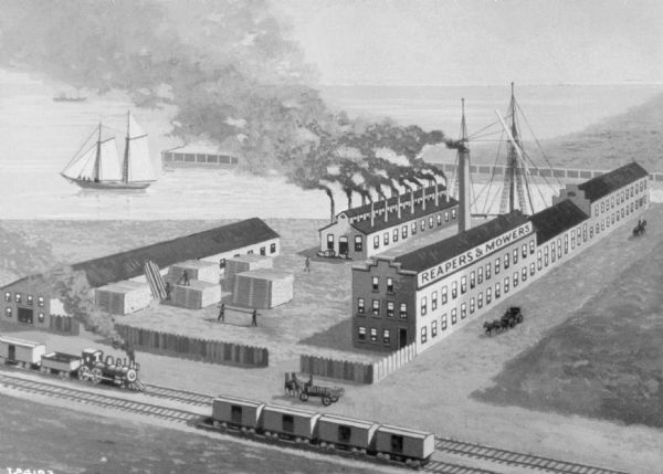 Artist's rendering of early McCormick Works. In the foreground is a locomotive pulling railroad cars. A sign on one of the buildings reads: "Reapers and Mowers." In the background is a ship on the water.