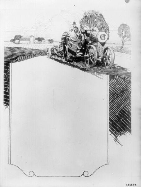 Graphic layout with blank space for information. Includes an illustration of a man driving a tractor in a field. In the background are farm buildings.