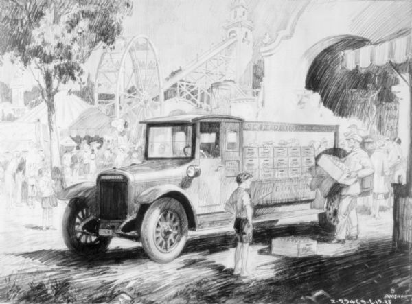 Line drawing of a truck at a fairground. A delivery man is carrying a case of soft drinks, and a boy is standing on the left and watching him. In the background is a Ferris Wheel, and other amusement rides.