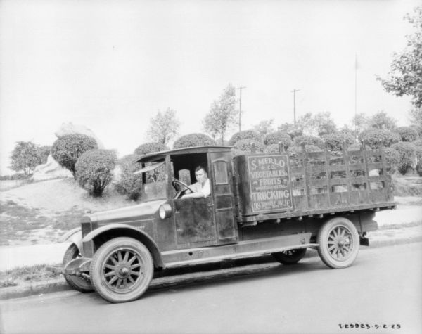View across road towards a man sitting in the driver's seat of a delivery truck. A sign on the side of the truck reads: "S. Merlo & Co. Vegetables, Fruits, Wholesale-Retail." Behind the truck are trimmed trees or bushes, and the large sculpture of a bear.
