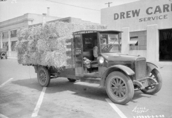 Three-quarter view from front right of a man in the driver's seat of a farm truck. Hay bales are stacked three levels high in the truck bed. There is a dog sitting on the passenger seat of the truck. Painted on the side of the truck are signs that read: "Chas. Sterns & Sons, Inc.," and "Ranch Dep't." In the background is a building with a sign that reads, in part: "Drew Car[?] Service."