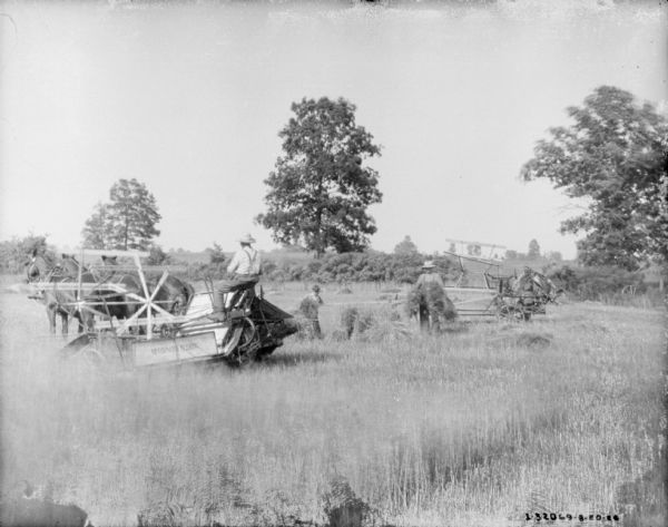 View across field towards a man driving a horse-drawn McCormick-Deering binder in a field. Two people are working nearby and gathering bundles of grain. In the background is another binder sitting in the field.