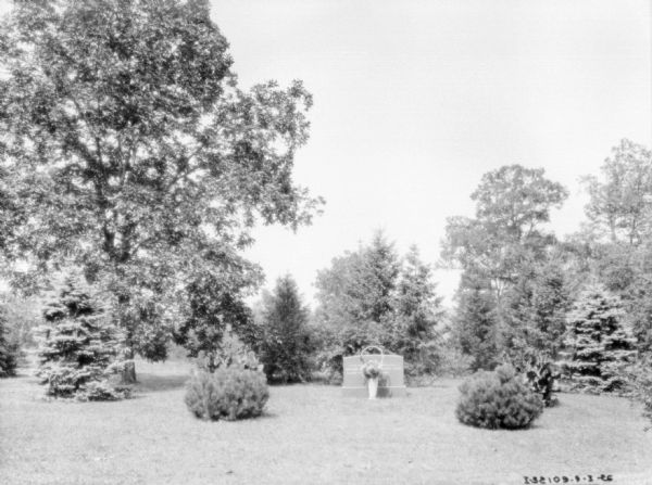 View across lawn, with shrubs and trees, towards a memorial, in stone, in the grass. A containers of flowers are in front of the memorial.