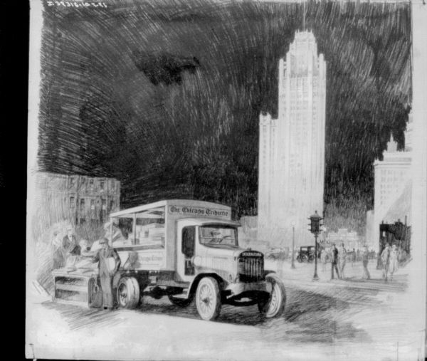 Illustration of a man selling newspapers from a delivery truck. Pedestrians and city buildings are in the background.