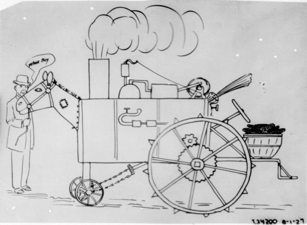 Drawing of a man holding the bridle of a horse. The horse's body is inside a machine harvesting corn.