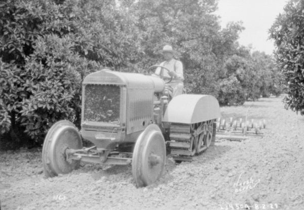 Three-quarter view from front left of a man driving a McCormick-Deering tractor pulling an agricultural implement through an orchard.