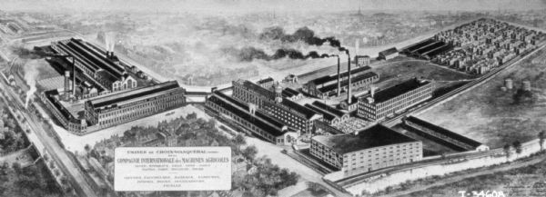 Drawing of a bird's-eye view of a factory.