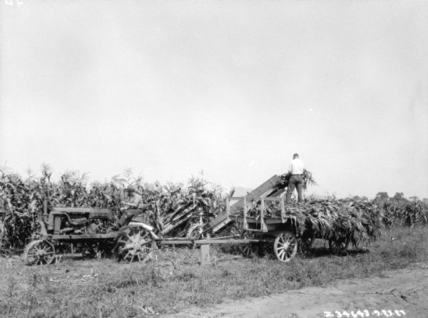 View towards a man driving a Farmall tractor pulling a corn picker in a cornfield. Another man is standing on a wagon piled with cornstalks.