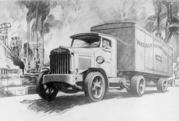 A man is driving a truck near factory buildings.