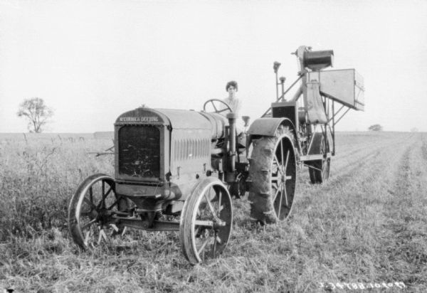 Three-quarter view from front left of a woman driving a McCormick-Deering tractor pulling a harvester-thresher in a field.