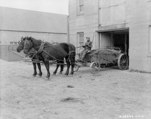 A team of two horses is pulling a man sitting on a manure spreader out of a barn.
