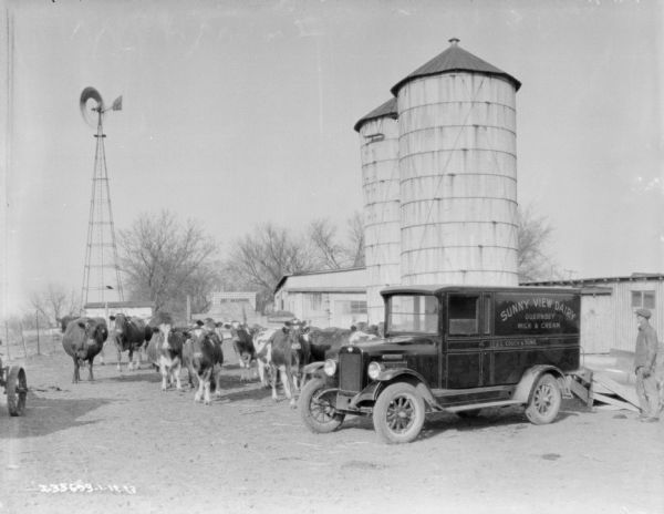A group of cows are standing near a milk delivery truck parked at a farm. In the background are farm buildings, silo's, and a windmill. The sign painted on the truck reads: "Sunny View Dairy, Guernsey, Milk & Cream."