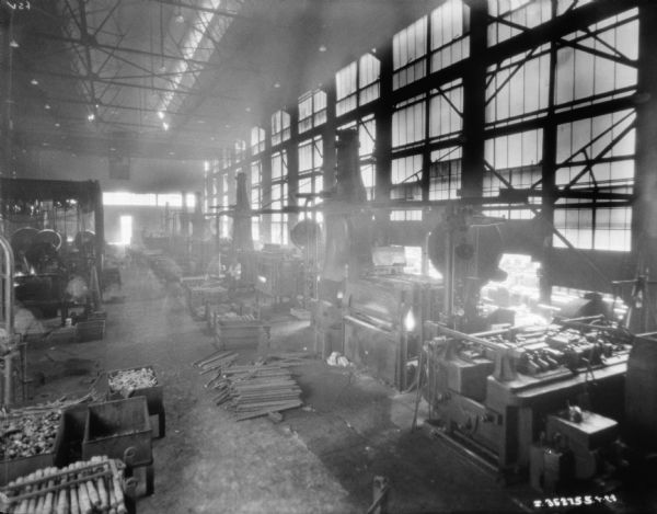 Elevated view of interior of foundry in a factory.