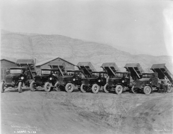 Fleet of dump trucks parked in a row. Men are sitting in the driver's seats of the trucks, and the beds of the trucks are raised up in the air in the dumping position.