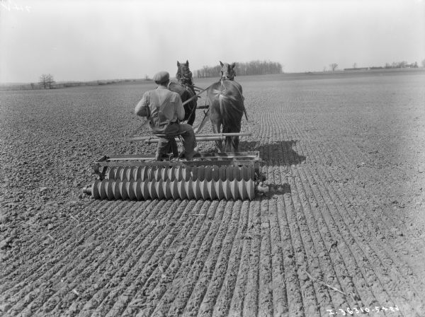 View from rear of a man on a horse-drawn culti-packer working in a field