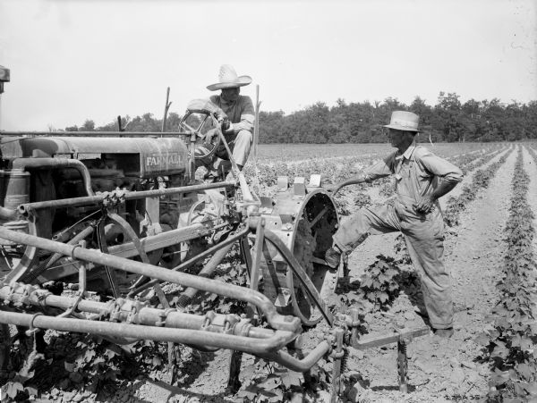 A man wearing gloves is sitting in a bean field on a Farmall tractor. He is talking to a man standing nearby who is holding a pipe in his left hand. There is a cultivator on the front of the tractor for working in the bean field. Trees are at the edge of the field in the background.
