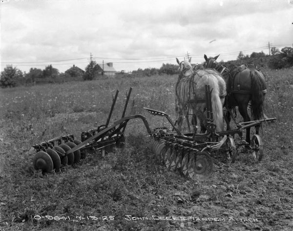 Two horses are pulling a John Deere tandem in a field. Buildings are in the background.