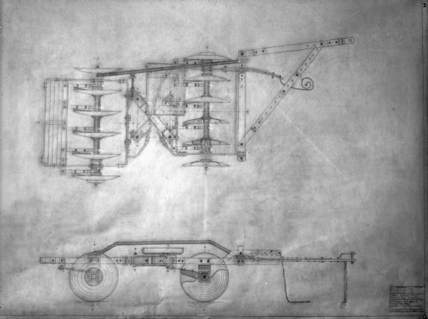 Diagram of crossection and overhead view of a disk harrow.