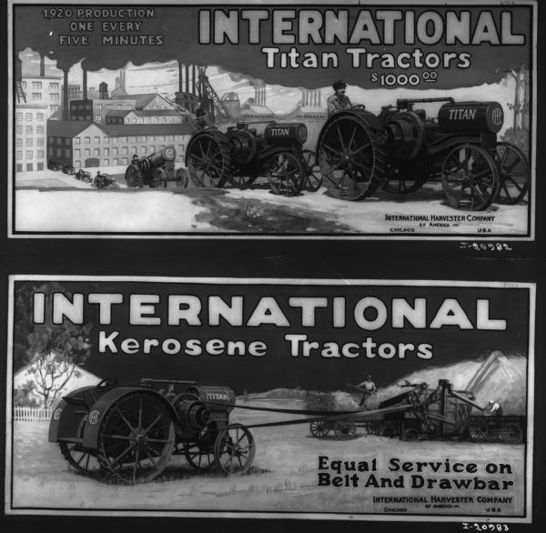 Two advertisements: the one at the top is #I-20982 with text that reads: "1920 Production One Every Five Minutes, Titan Tractors $1000.00." The advertisement at the bottom is #I-20983 with text that reads: "International Kerosene Tractors, Equal Service on Belt and Drawbar."