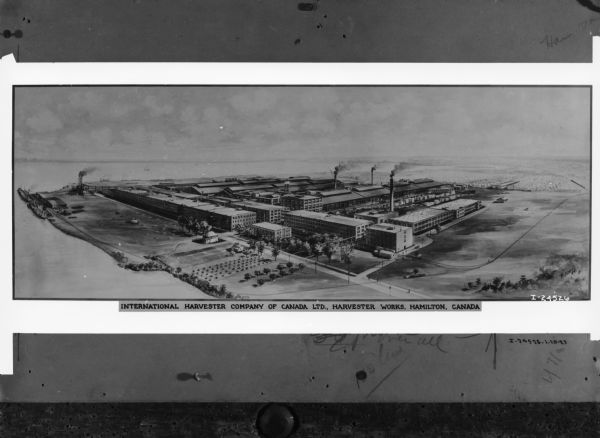 Drawing of aerial view of Harvester Works in Hamilton, Ontario, in Canada.