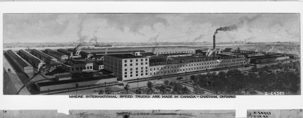 Drawing of an aerial view of factory in Chatham, Ontario.